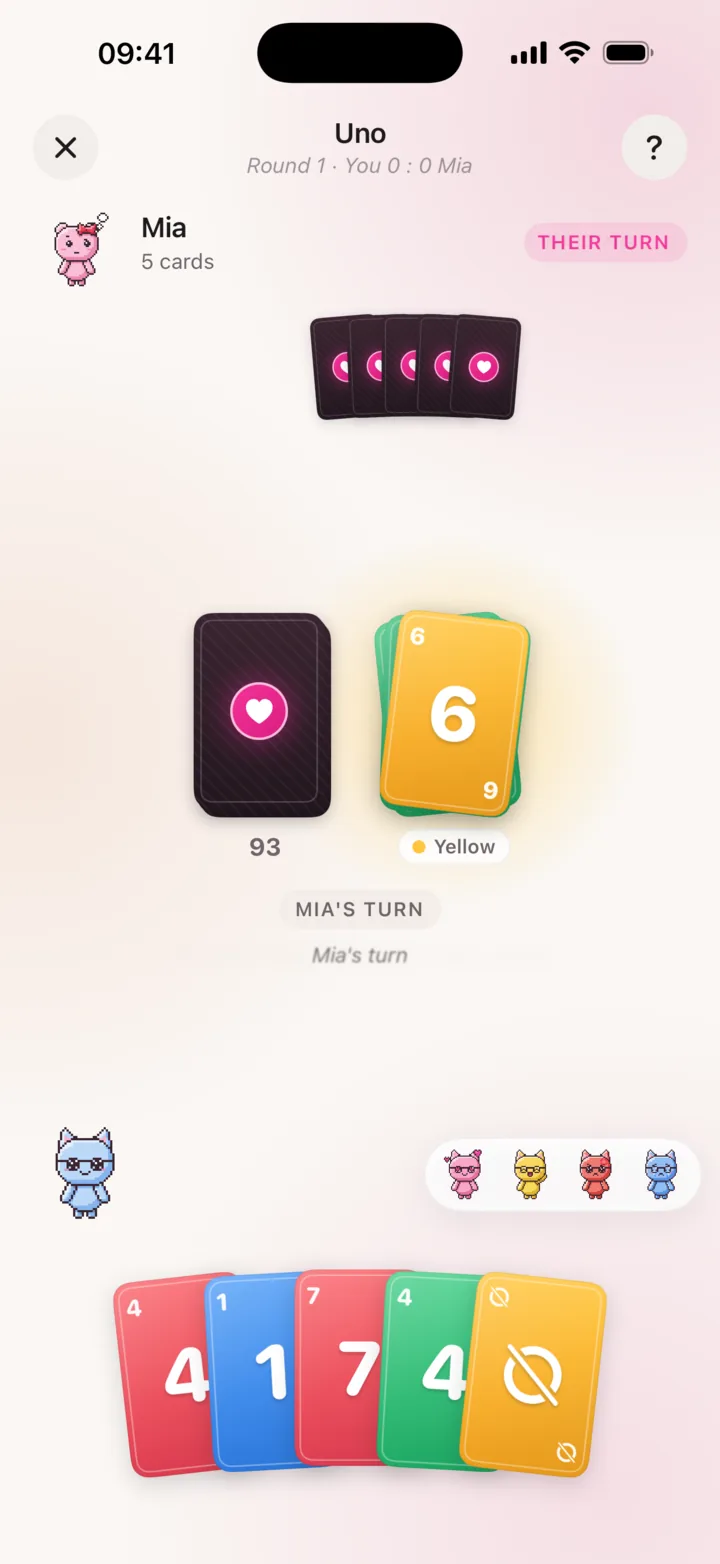 A round of the card game in TrueThings, live on two phones